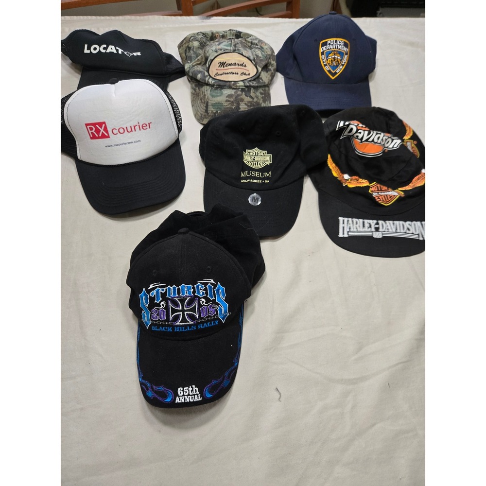Vintage Mixed Lot of 7 Hats Sturgis Harley-Davidson NYPD Menards Trucker Caps